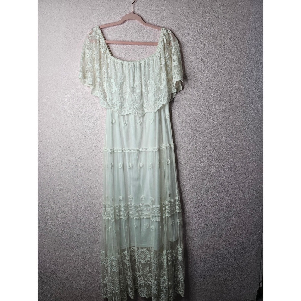 White Birch Womens XL White Lace Off Shoulder Tiered Boho Maxi Dress Romantic